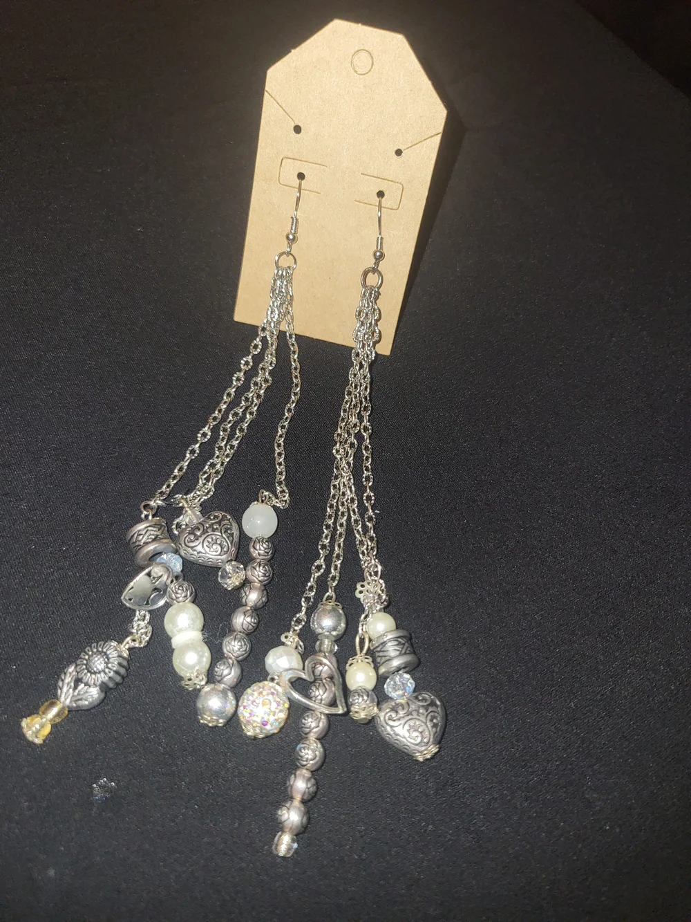 Silver Multi-Chain Dangle Earrings with Heart & Bead Charms